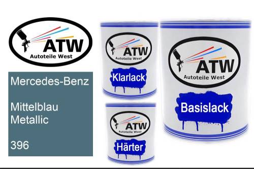 Mercedes-Benz, Mittelblau Metallic, 396: 1L Lackdose + 1L Klarlack + 500ml Härter - Set, von ATW Autoteile West.